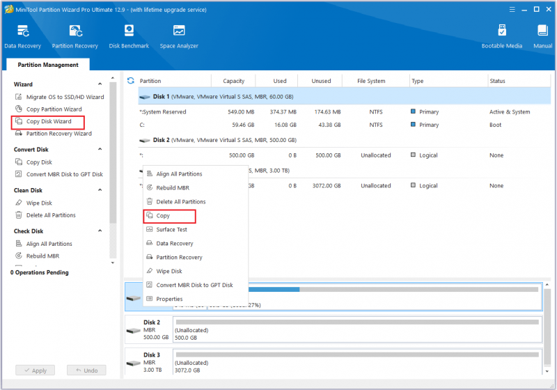 klik på Kopier disk-funktionen i denne side Partition Wizard