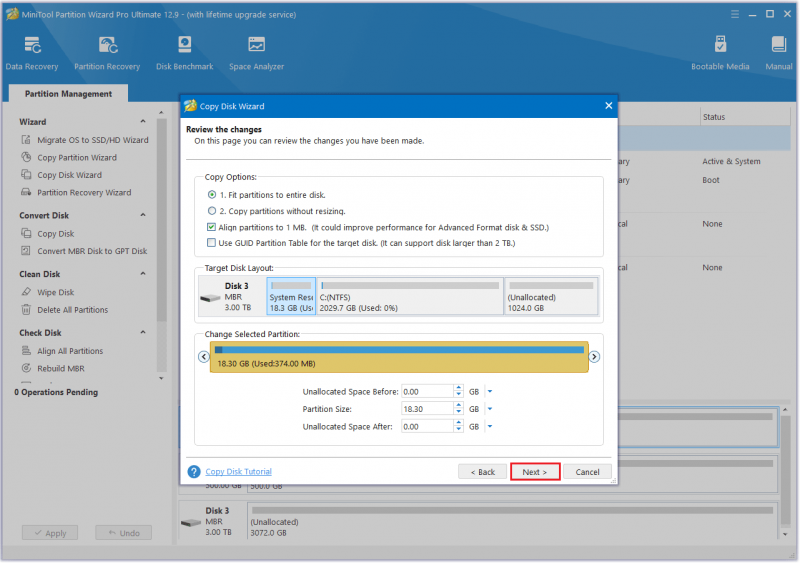 vælg en kopimulighed, og klik på Næste i denne side Partition Wizard