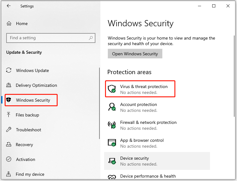   accedere a Protezione da virus e minacce