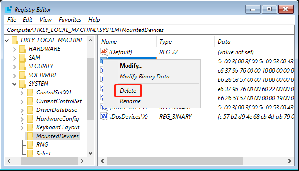 MountedDevices'daki değerleri silin