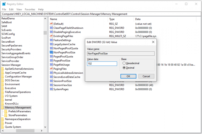 bewerk de NonPagedPoolSize DWORD-waarde