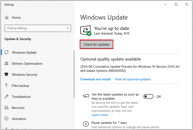 klik op Controleren op updates