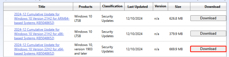   scaricare l'aggiornamento KB dal catalogo di Microsoft Update