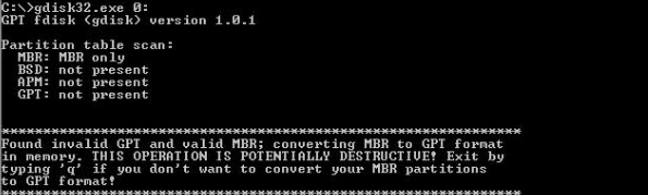   gdisk fant ugyldig GPT og gyldig MBR