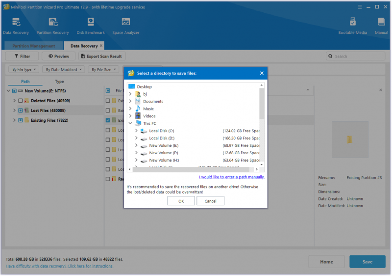 klik på OK for at gemme de manglende filer i denne side Partition Wizard