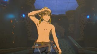 Link si protegge gli occhi a torso nudo in Legend of Zelda: Breath of the Wild.