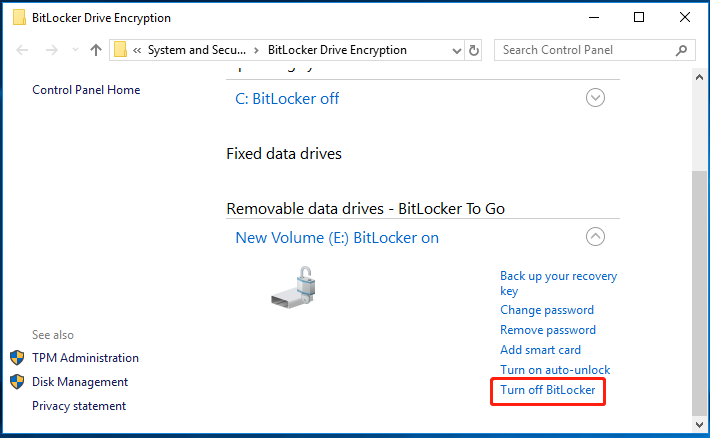 fare clic su Disattiva BitLocker