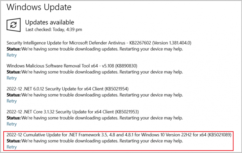   Impossibile installare KB5021089