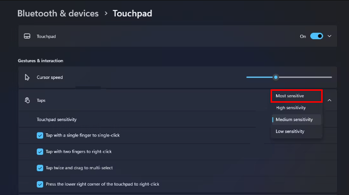   ændre touchpad'en til mest følsom i Windows 11