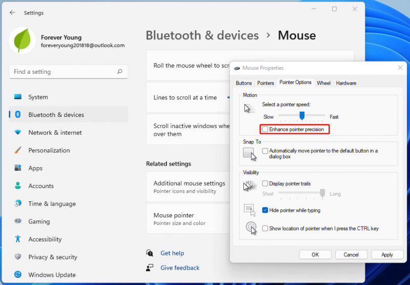   disattivare l'accelerazione del mouse Windows 11