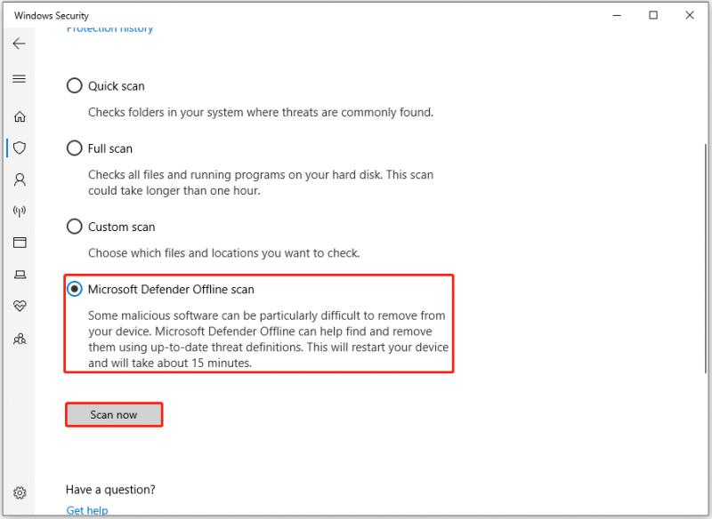 seleziona Scansione offline di Microsoft Defender