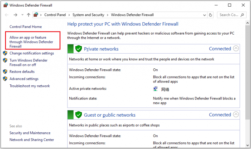   Fare clic su Consenti una funzione App tramite Windows Defender Firewall