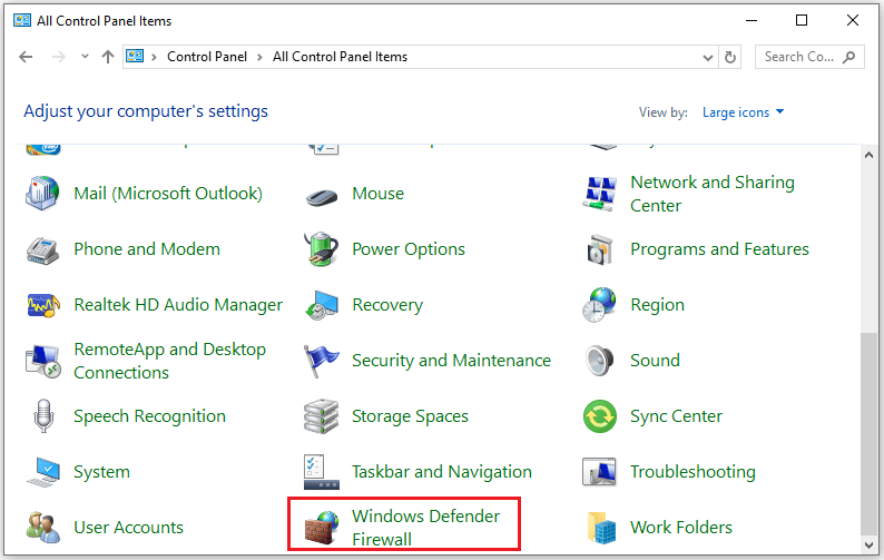   Fare clic su Windows Defender Firewall
