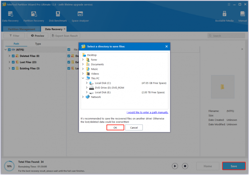 selezionare una directory in cui salvare i dati recuperati