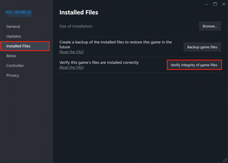 klik op Integriteit van gamebestanden verifiëren