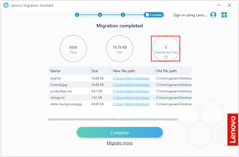   Utilizzare Lenovo Migration Assistant per trasferire i file