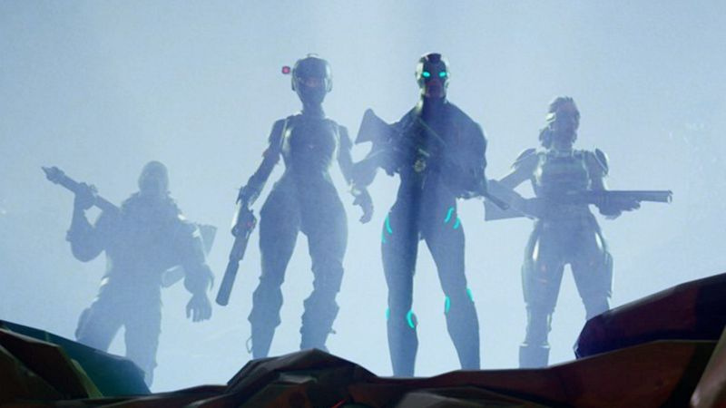 Neljä Fortnite-hahmoa seisomassa kraatterin päällä.