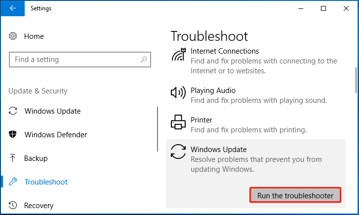   Fare clic su Esegui lo strumento di risoluzione dei problemi