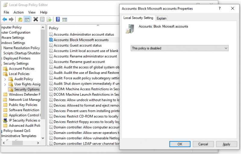   consentire gli account Microsoft