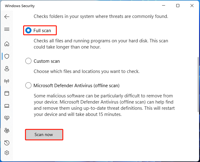   esegui una scansione antivirus completa su Win11