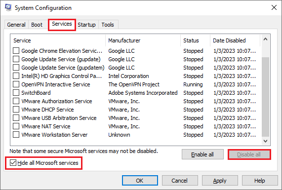 schakel alle niet-Microsoft-services uit