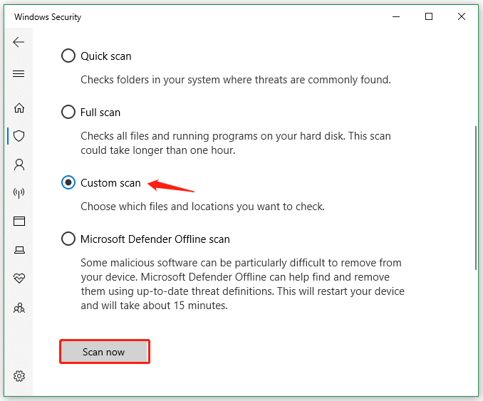 selecteer Aangepaste scan in Windows-beveiliging