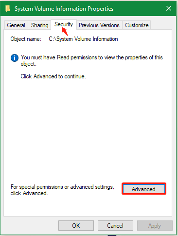 klik på Avanceret i System Volume Information