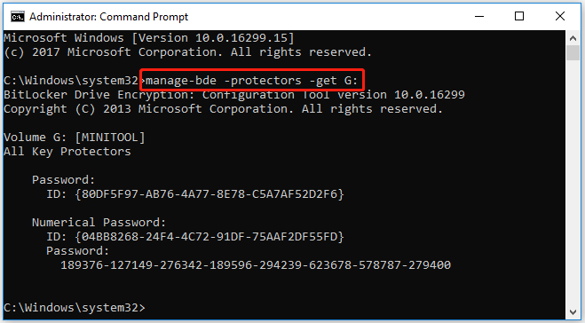 ottenere la chiave di ripristino di BitLocker da CMD