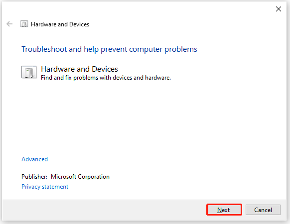   Esegui lo strumento di risoluzione dei problemi relativi a hardware e dispositivi