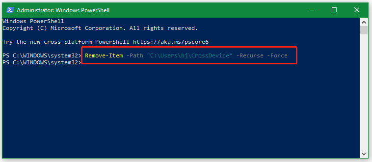   Force Slet CrossDevice -mappen ved hjælp af PowerShell