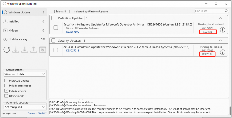   tjek størrelsen på Windows Update