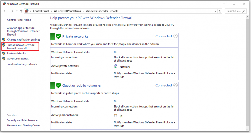   fare clic su Attiva o disattiva Windows Defender Firewall