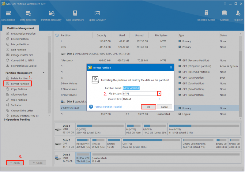 تنسيق USB إلى NTFS باستخدام معالج التقسيم