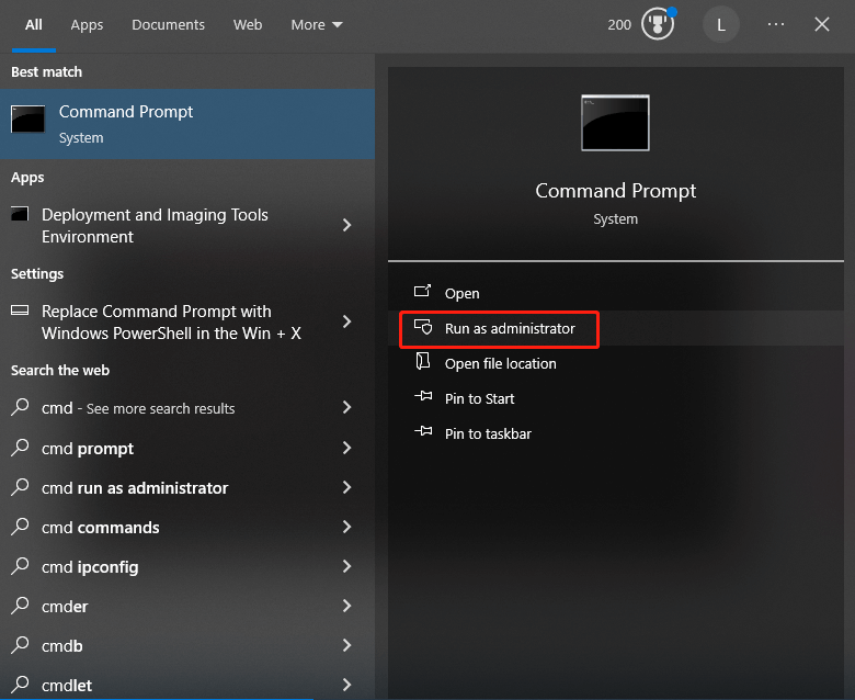 esegui il prompt dei comandi come amministratore