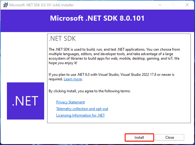 installer NET 8 på Windows 11