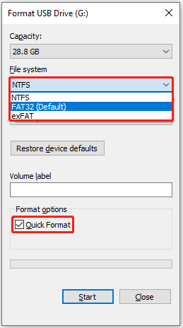 Selecteer een bestandssysteem en vink Snel formatteren aan
