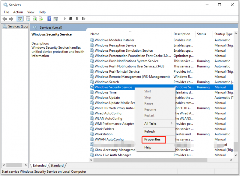 åbne egenskaberne for Windows Security Service