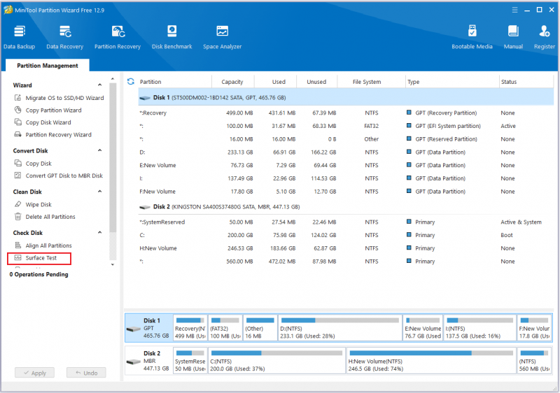   klik på Surface Test i denne side Partition Wizard