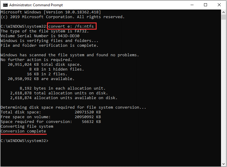  convertire FAT32 in NTFS tramite CMD