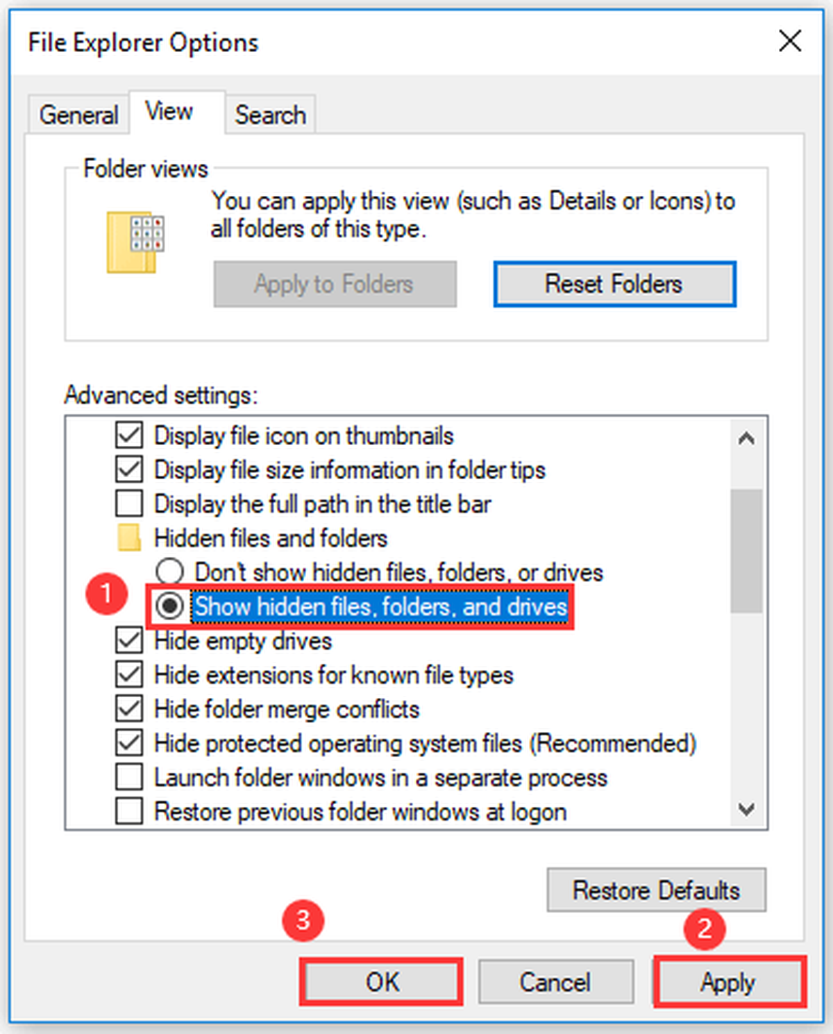 seadistage File Explorer peidetud failide kuvamiseks