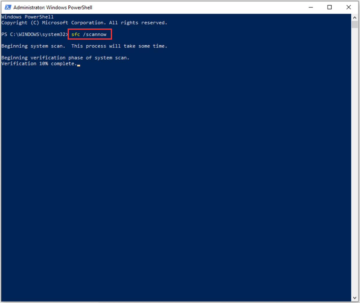 стартирайте командата sfc / scannow в Windows Powershell