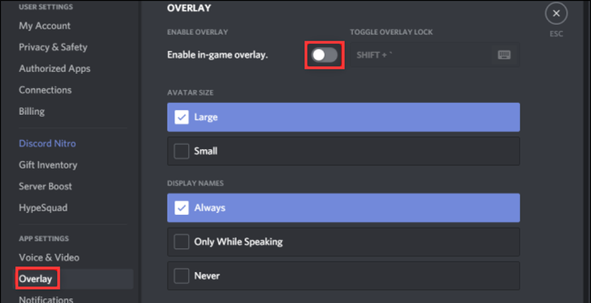 bytt av Aktiver ingame overlay på Discord