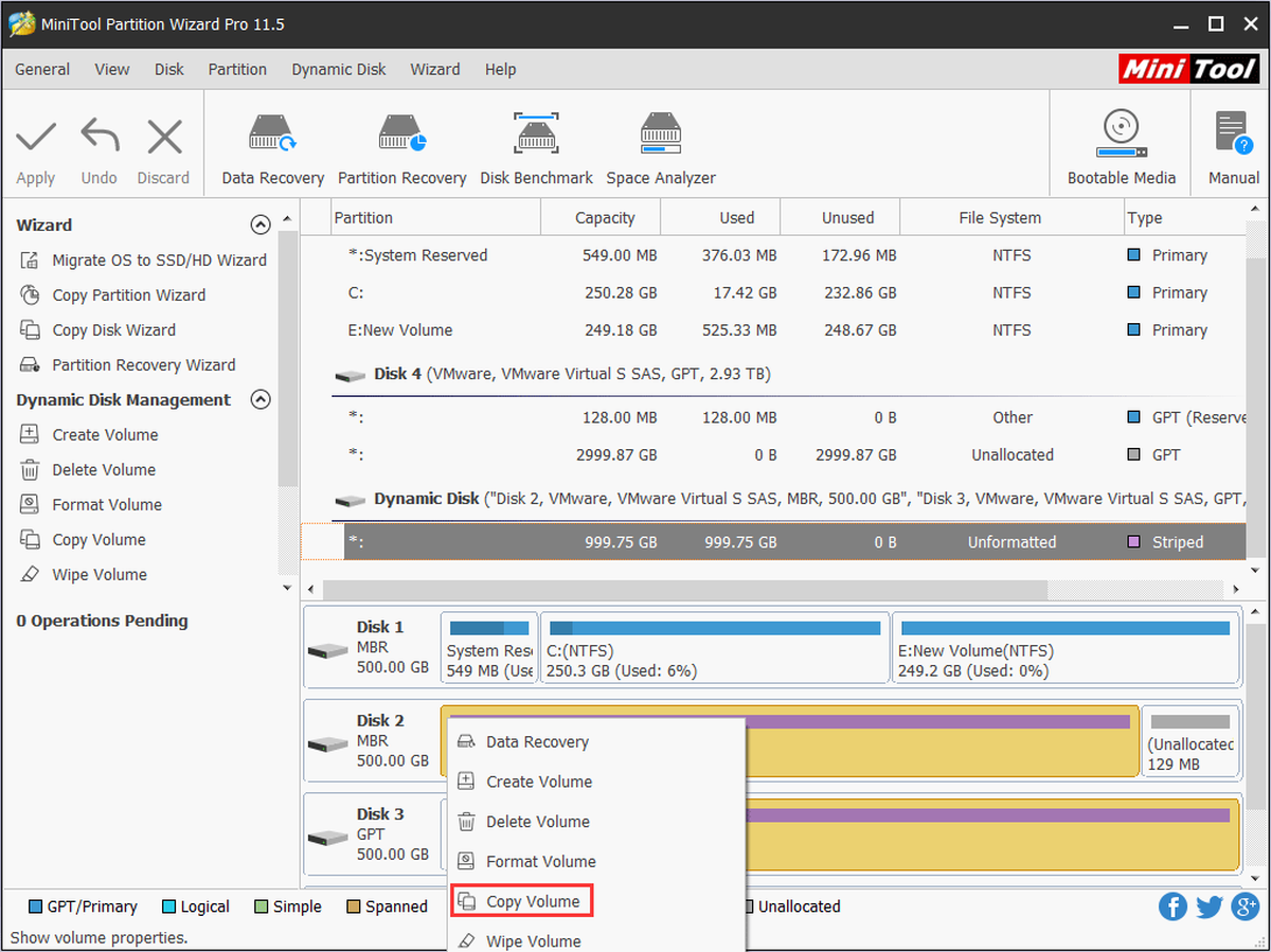 attiva la funzione Copia volume di MiniTool Partition Wizard