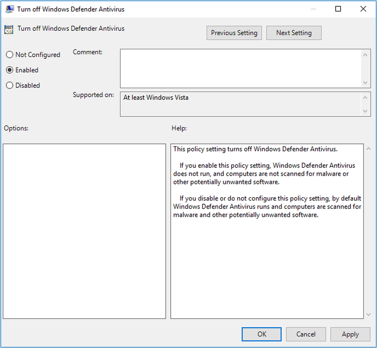 поставете отметка Активирано в Изключване на прозореца на Windows Defender Antivirus