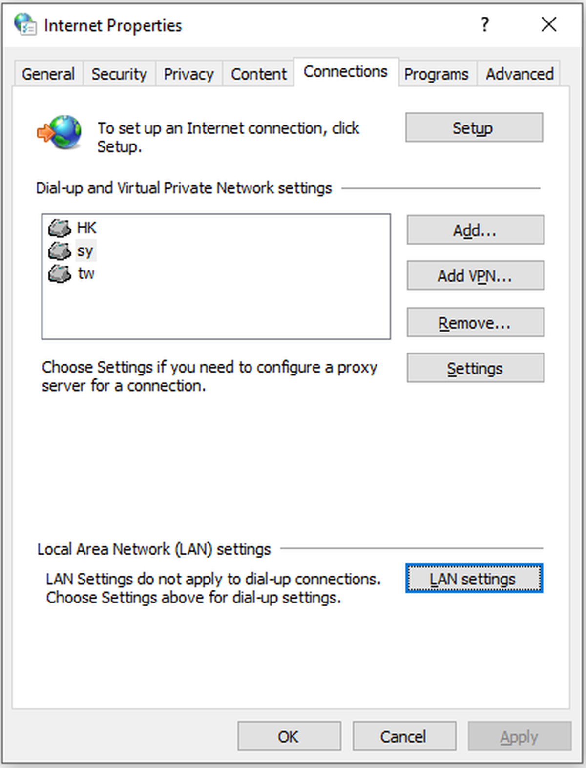 fare clic su Impostazioni LAN