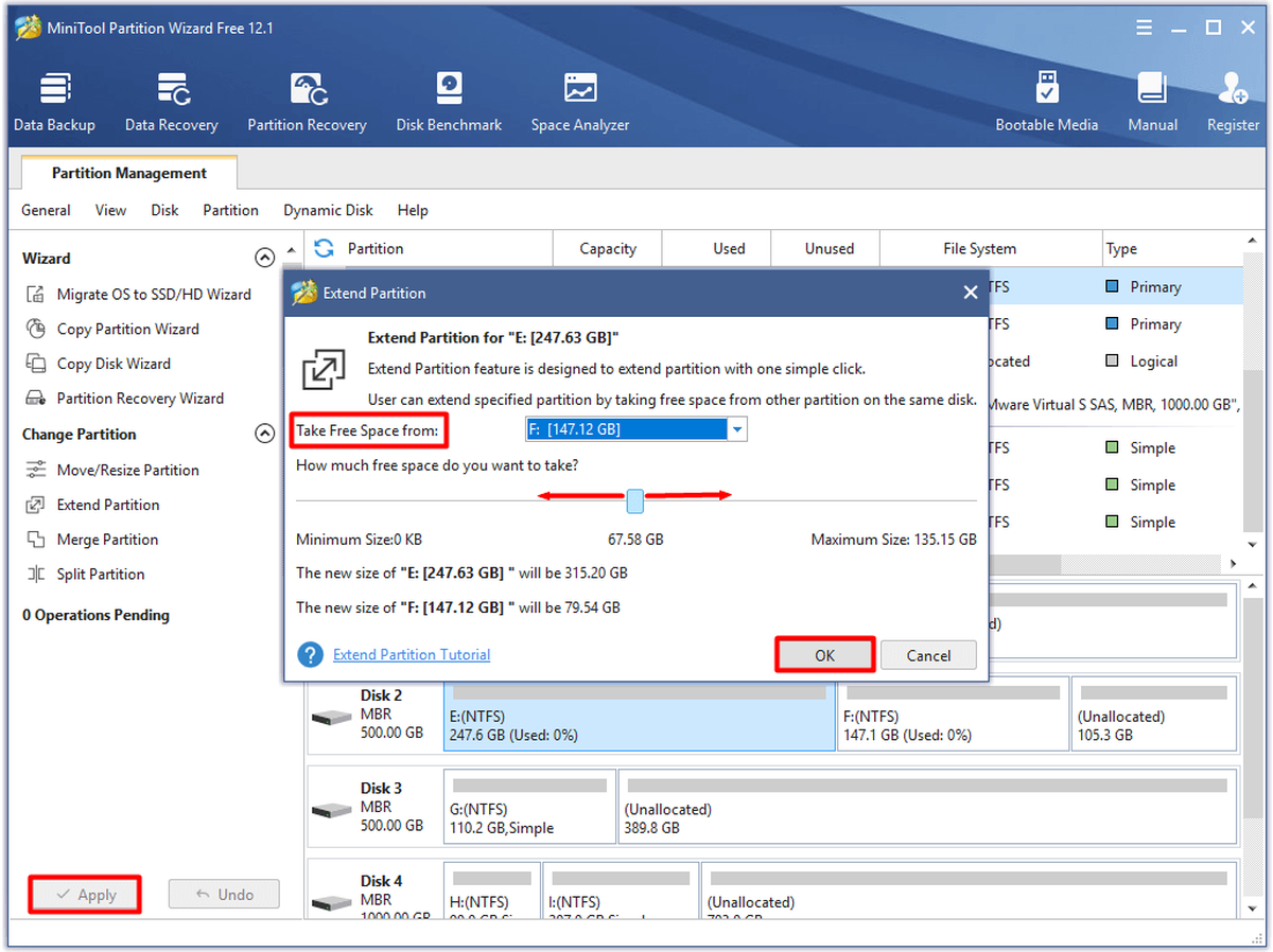 configurare le impostazioni di estensione della partizione ed eseguire l