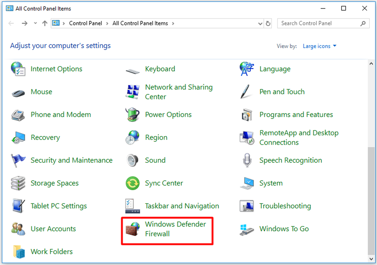 fare clic su Windows Defender Firewall