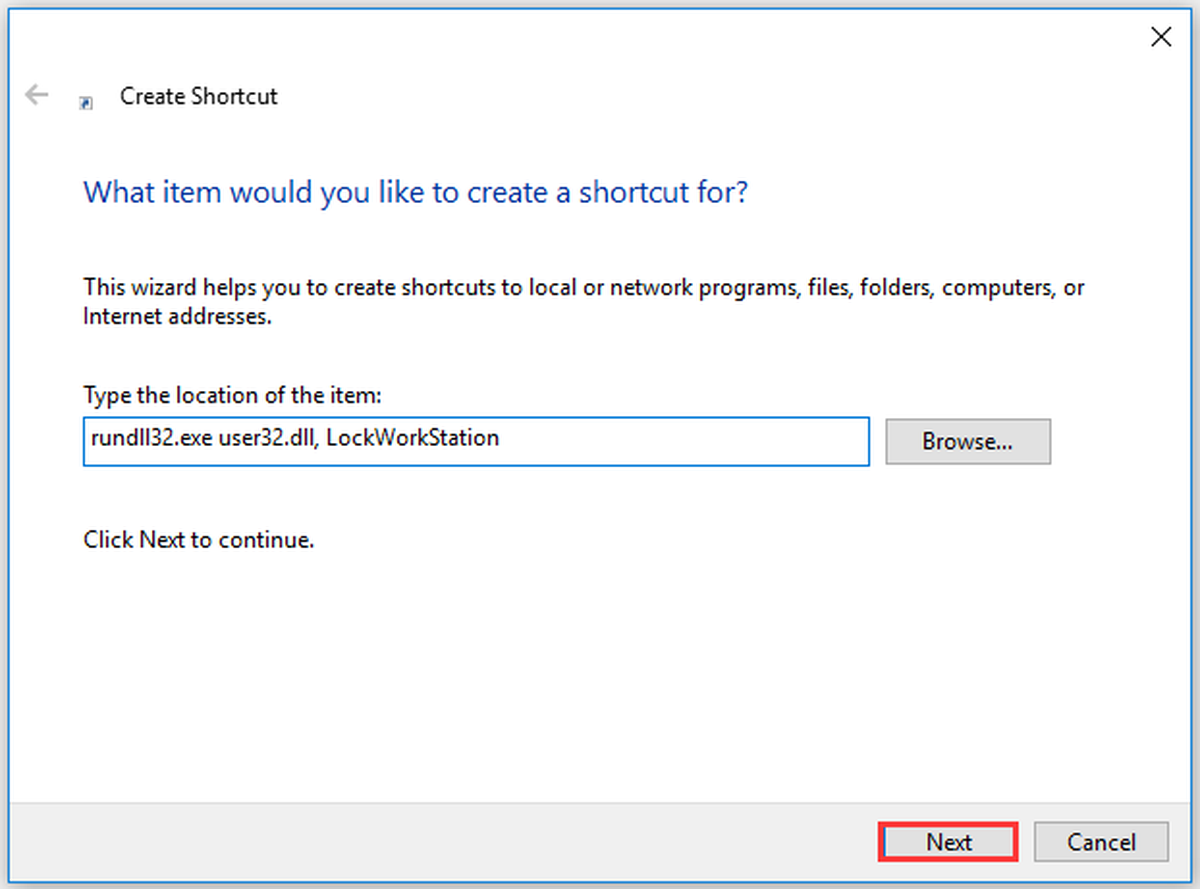 digitare rundll32.exe user32.dll, LockWorkStation