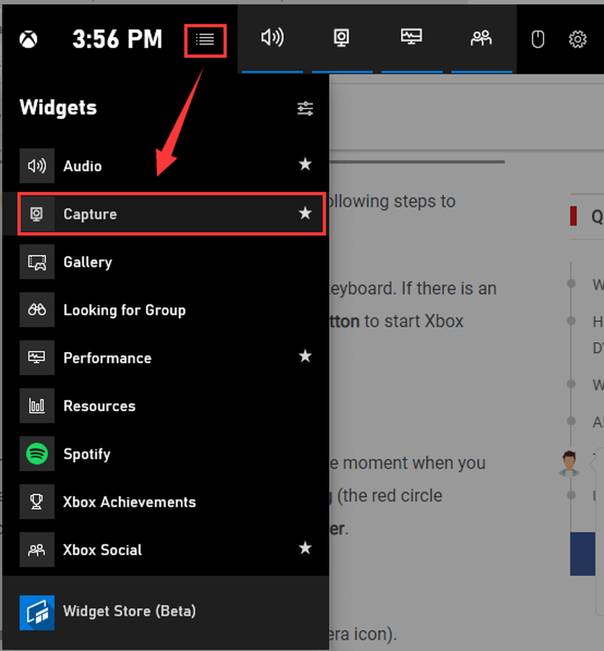 Seleziona Acquisisci nel menu Widget