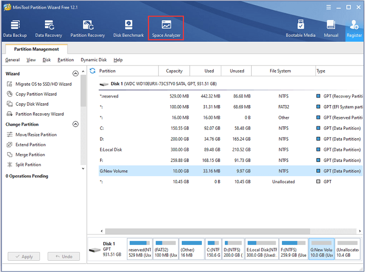 fare clic su Space Analyzer